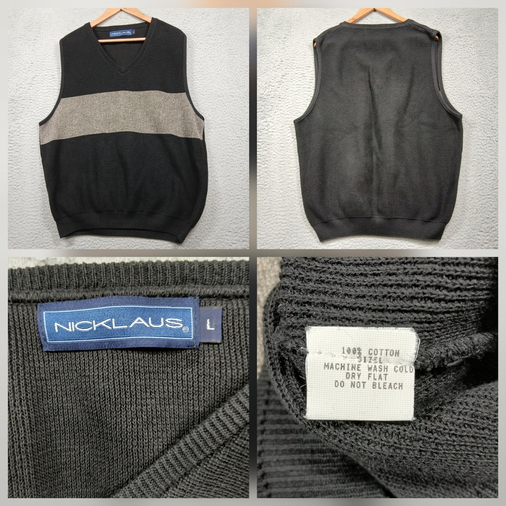 Nicklaus Mens Sweater Vest L Black Gray Colorblock V Neck Cotton